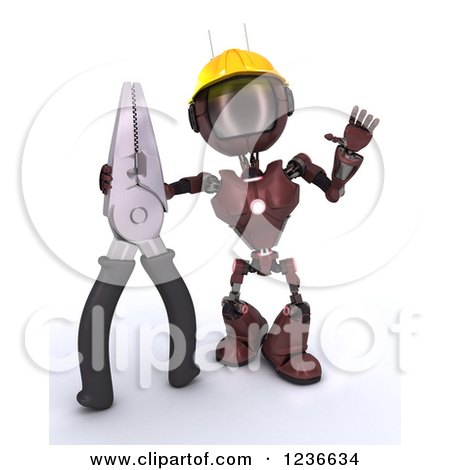 Clipart of a 3d Red Android Construction Robot with Pliers - Royalty Free Illustration by KJ Pargeter