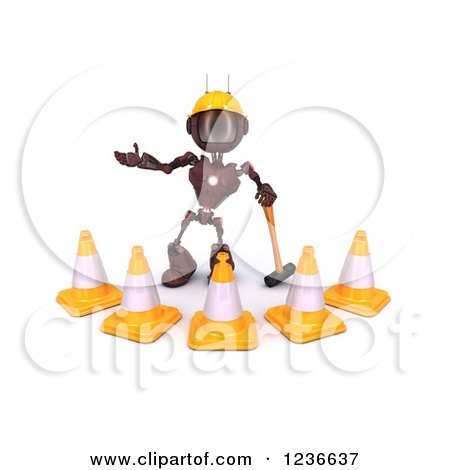 Clipart of a 3d Red Android Construction Robot with Cones and a Pickaxe - Royalty Free Illustration by KJ Pargeter