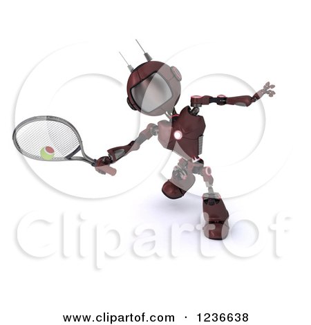 Clipart of a 3d Red Android Robot Playing Tennis 3 - Royalty Free Illustration by KJ Pargeter