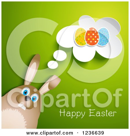 Clipart of a Brown Rabbit Thinking About Easter Eggs, with Text on Green - Royalty Free Vector Illustration by KJ Pargeter
