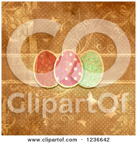 Clipart of a Retro Distressed Polka Dot Easter Egg Background with Flourishes and Butterflies - Royalty Free Illustration by KJ Pargeter