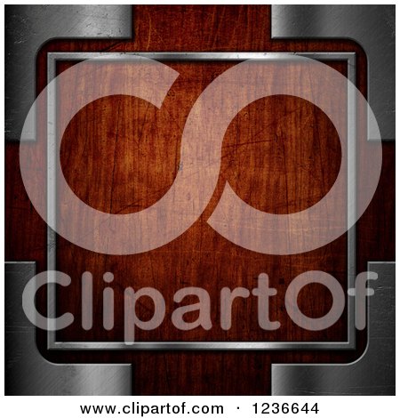 Clipart of a 3d Metal Frame Around Dark Scratched Wood - Royalty Free Illustration by KJ Pargeter