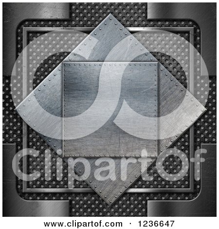 Clipart of a 3d Brushed Metal Plaque and Rivets over Perforations - Royalty Free Illustration by KJ Pargeter