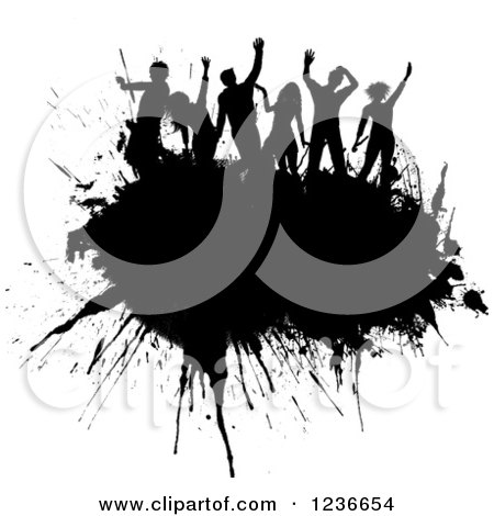 Clipart of Black Silhouetted People Dancing on a Grunge Ink Splatter - Royalty Free Vector Illustration by KJ Pargeter