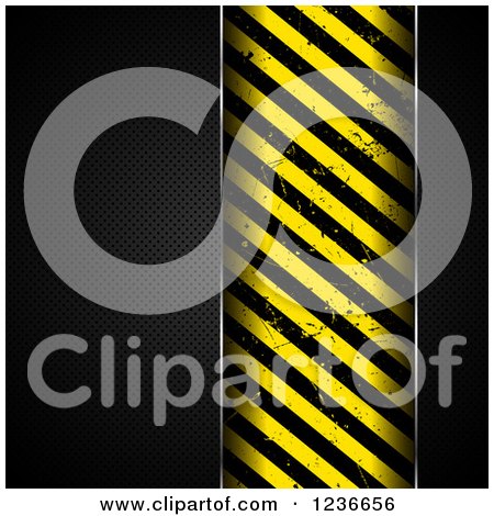 Clipart of a Black Perforated Metal Background with a Grungy Hazard Stripes Panel - Royalty Free Vector Illustration by KJ Pargeter