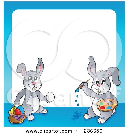 Clipart of a Blue Border of Bunny Rabbits Painting Easter Eggs - Royalty Free Vector Illustration by visekart