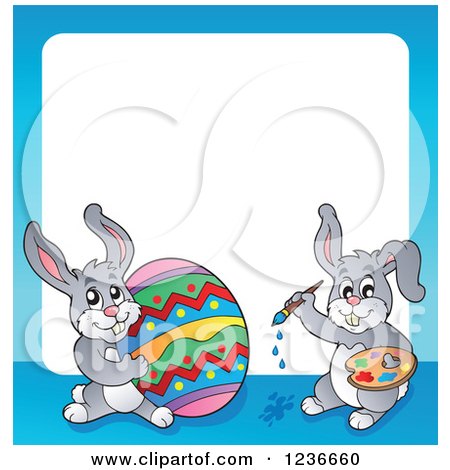 Clipart of a Blue Border of Bunny Rabbits Painting an Easter Egg - Royalty Free Vector Illustration by visekart
