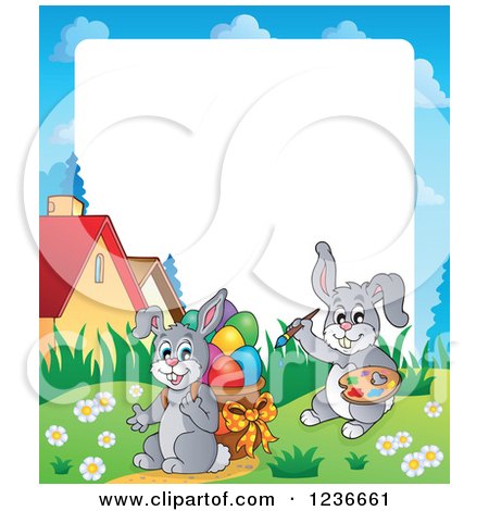 Clipart of a Border of a Bunny Rabbits Painting and Carrying Easter Eggs - Royalty Free Vector Illustration by visekart