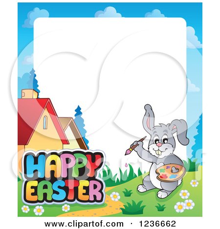 Clipart of a Border of a Bunny Rabbit Painting Happy Easter in a Meadow - Royalty Free Vector Illustration by visekart
