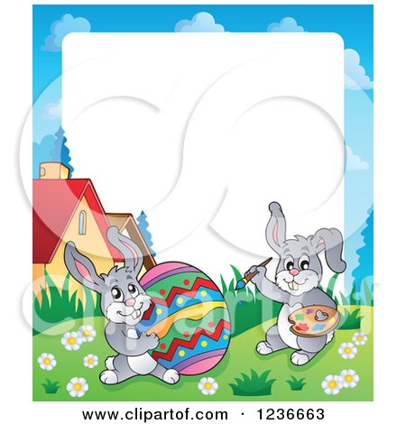 Clipart of a Border of a Bunny Rabbits Painting a Giant Easter Egg - Royalty Free Vector Illustration by visekart