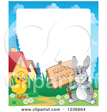 Clipart of a Border of a Chick and Bunny Rabbit with a Happy Easter Sign - Royalty Free Vector Illustration by visekart