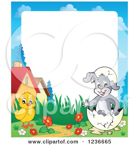 Clipart of a Border of a Chick and a Bunny Rabbit Hatching from an Egg - Royalty Free Vector Illustration by visekart