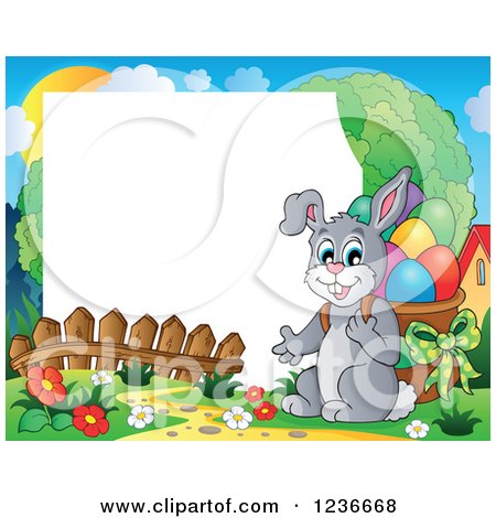 Clipart of a Border of a Gray Bunny Carrying a Basket of Easter Eggs on His Back - Royalty Free Vector Illustration by visekart
