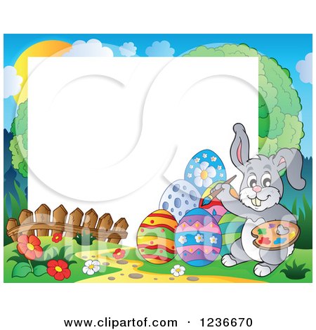 Clipart of a Border of a Bunny Rabbit Painting Easter Eggs - Royalty Free Vector Illustration by visekart