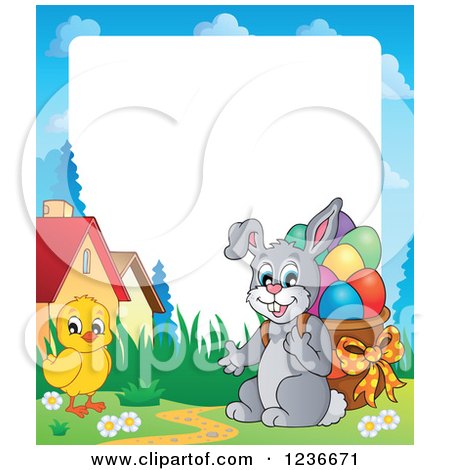 Clipart of a Border of a Chick and a Bunny Rabbit with a Basket of Easter Eggs - Royalty Free Vector Illustration by visekart