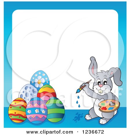 Clipart of a Blue Border of a Bunny Rabbit Painting Easter Eggs - Royalty Free Vector Illustration by visekart