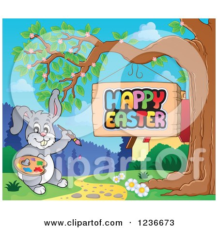 Clipart of a Bunny Rabbit Painting a Happy Easter Sign - Royalty Free Vector Illustration by visekart