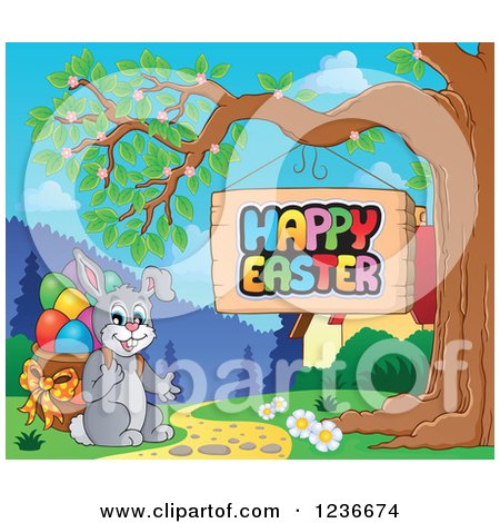 Clipart of a Bunny Rabbit with a Basket of Eggs by a Happy Easter Sign - Royalty Free Vector Illustration by visekart