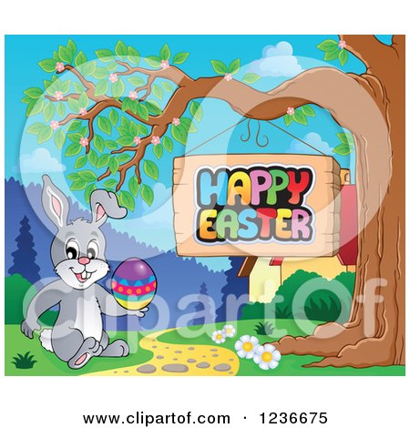 Clipart of a Bunny Rabbit Holding an Egg by a Happy Easter Sign - Royalty Free Vector Illustration by visekart