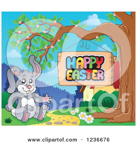 Clipart of a Bunny Rabbit Sitting by a Happy Easter Sign - Royalty Free Vector Illustration by visekart