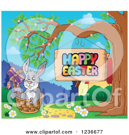 Clipart of a Bunny Rabbit Resting in a Basket by a Happy Easter Sign - Royalty Free Vector Illustration by visekart