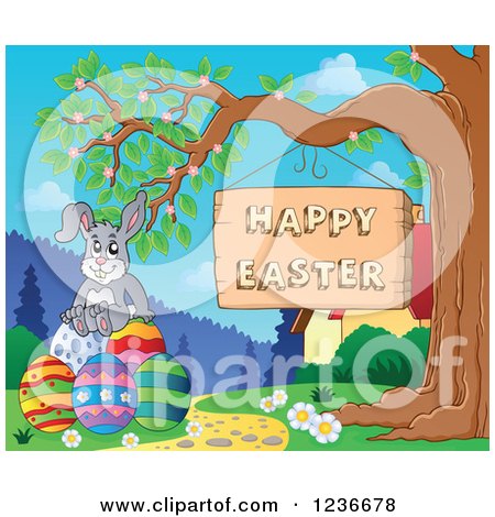 Clipart of a Bunny Rabbit Sitting on Eggs by a Happy Easter Sign - Royalty Free Vector Illustration by visekart