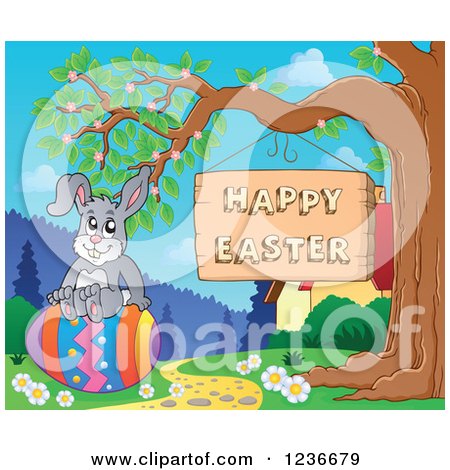 Clipart of a Bunny Rabbit Sitting on an Egg by a Happy Easter Sign - Royalty Free Vector Illustration by visekart