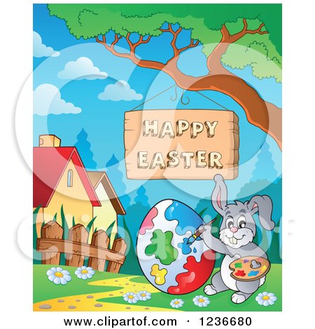 Clipart of a Bunny Rabbit Painting a Giant Egg by a Happy Easter Sign - Royalty Free Vector Illustration by visekart