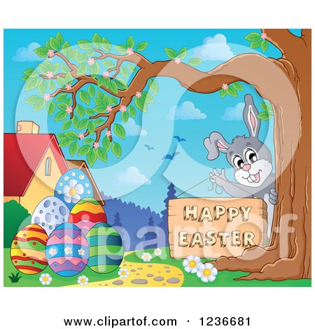 Clipart of a Bunny Rabbit Holding a Happy Easter Sign Around a Tree by Eggs - Royalty Free Vector Illustration by visekart