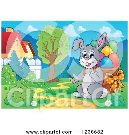Clipart of a Gray Bunny Carrying a Basket of Easter Eggs on His Back in a Meadow - Royalty Free Vector Illustration by visekart