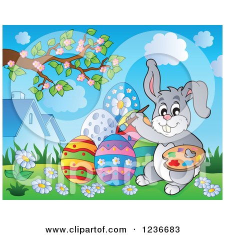 Clipart of a Gray Easter Bunny Painting Eggs - Royalty Free Vector Illustration by visekart
