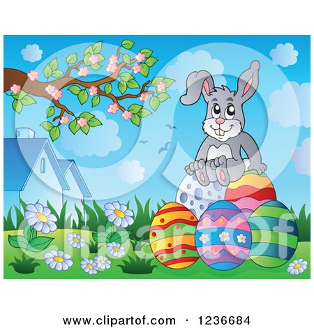 Clipart of a Gray Easter Bunny Sitting on Eggs - Royalty Free Vector Illustration by visekart