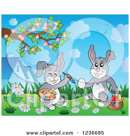 Clipart of Gray Easter Bunny Rabbits Painting Eggs - Royalty Free Vector Illustration by visekart
