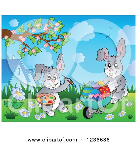 Clipart of Gray Easter Bunny Rabbits Painting Eggs in a Wheelbarrow - Royalty Free Vector Illustration by visekart