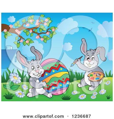 Clipart of Gray Easter Bunny Rabbits Painting a Giant Egg - Royalty Free Vector Illustration by visekart