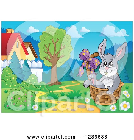 Clipart of a Gray Easter Relaxing in a Basket in a Meadow - Royalty Free Vector Illustration by visekart
