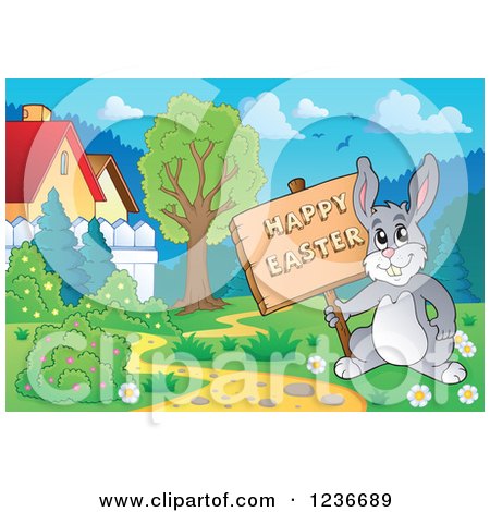 Clipart of a Bunny Rabbit Holding a Happy Easter Sign in a Meadow - Royalty Free Vector Illustration by visekart