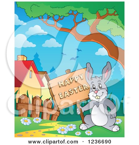 Clipart of a Bunny Rabbit Holding a Happy Easter Sign in a Meadow 2 - Royalty Free Vector Illustration by visekart