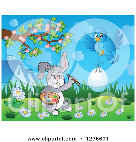 Clipart of a Blue Bird and Gray Easter Bunny Painting an Egg - Royalty Free Vector Illustration by visekart