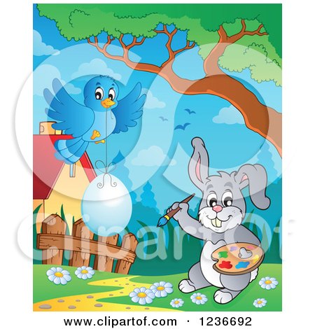Clipart of a Blue Bird and Gray Easter Bunny Painting an Egg 2 - Royalty Free Vector Illustration by visekart
