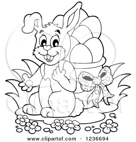 Clipart of a Black and White Bunny Carrying a Basket of Easter Eggs on His Back - Royalty Free Vector Illustration by visekart