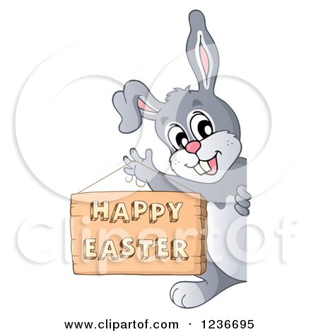 Clipart of a Bunny Rabbit Holding a Happy Easter Sign and Looking Around an Edge - Royalty Free Vector Illustration by visekart