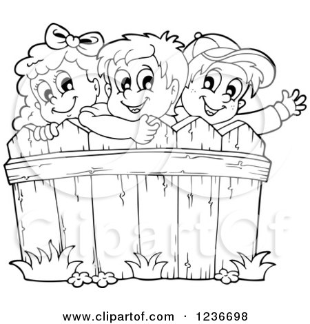 Clipart of Black and White Happy Children Looking over a Wooden Fence - Royalty Free Vector Illustration by visekart