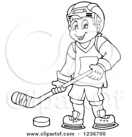 Clipart of a Black and White Happy Male Ice Hockey Player - Royalty Free Vector Illustration by visekart