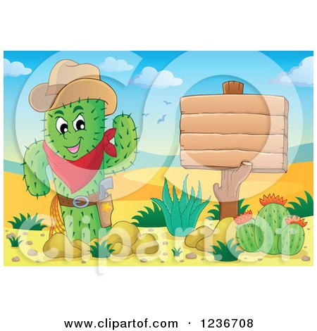 Clipart of a Cowboy Cactus Sheriff Waving by a Wood Sign in a Desert - Royalty Free Vector Illustration by visekart