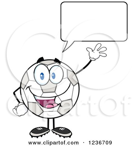 Clipart of a Happy Waving Talking Soccer Ball Character - Royalty Free Vector Illustration by Hit Toon