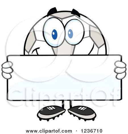 Clipart of a Happy Smilling Soccer Ball Character Holding a Sign - Royalty Free Vector Illustration by Hit Toon