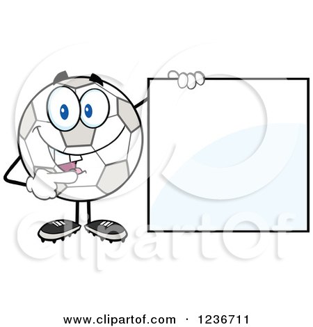Clipart of a Happy Smilling Soccer Ball Character Holding and Pointing to a Sign - Royalty Free Vector Illustration by Hit Toon