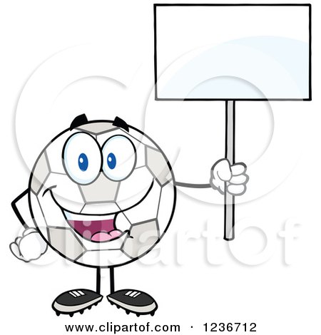 Clipart of a Happy Smilling Soccer Ball Character Holding a Blank Sign - Royalty Free Vector Illustration by Hit Toon