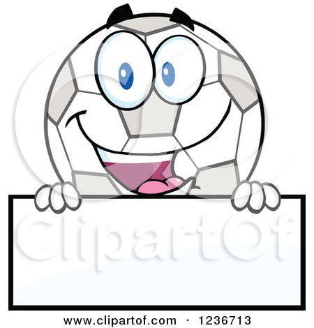 Clipart of a Happy Smilling Soccer Ball Character over a Sign - Royalty Free Vector Illustration by Hit Toon